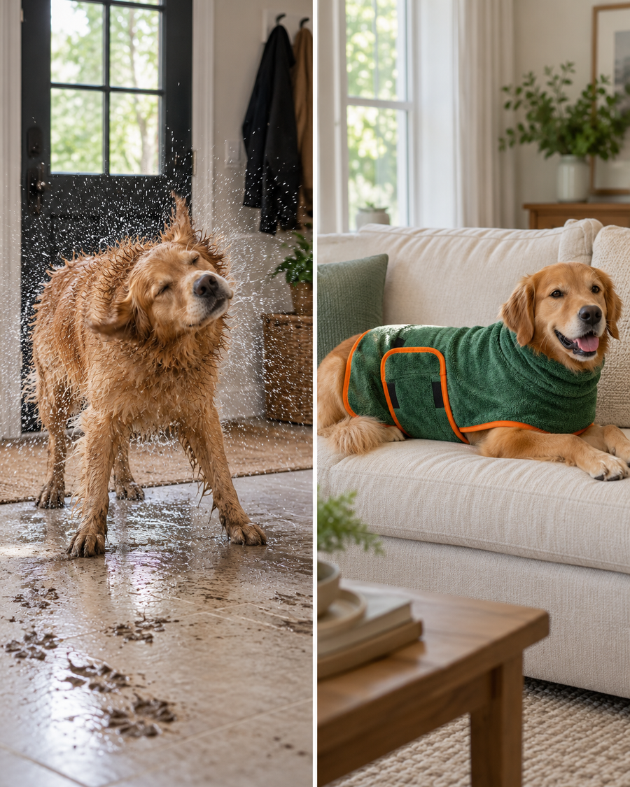 Avant après : chien mouillé puis sec et propre grâce au peignoir séchant