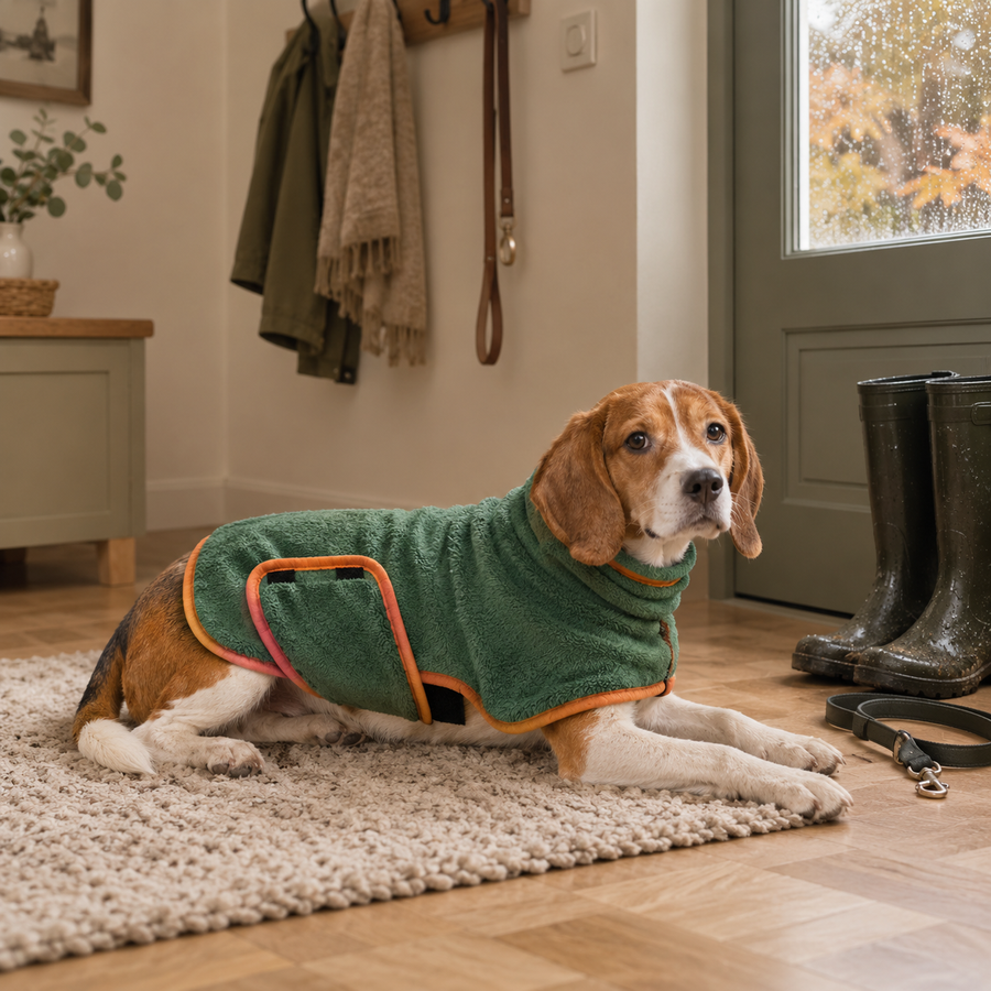 Beagle en peignoir séchant après une promenade sous la pluie