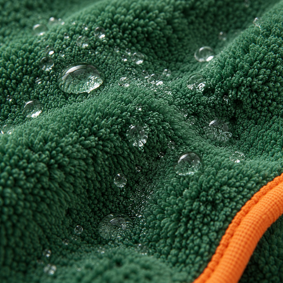 Microfibre verte du peignoir pour chien avec des gouttes d'eau