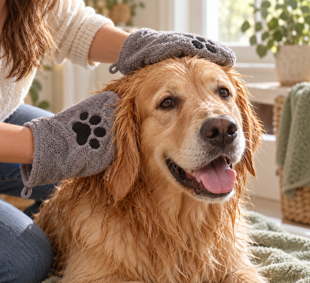 Golden retriever détendu pendant qu'on lui sèche la tête avec un gant patte