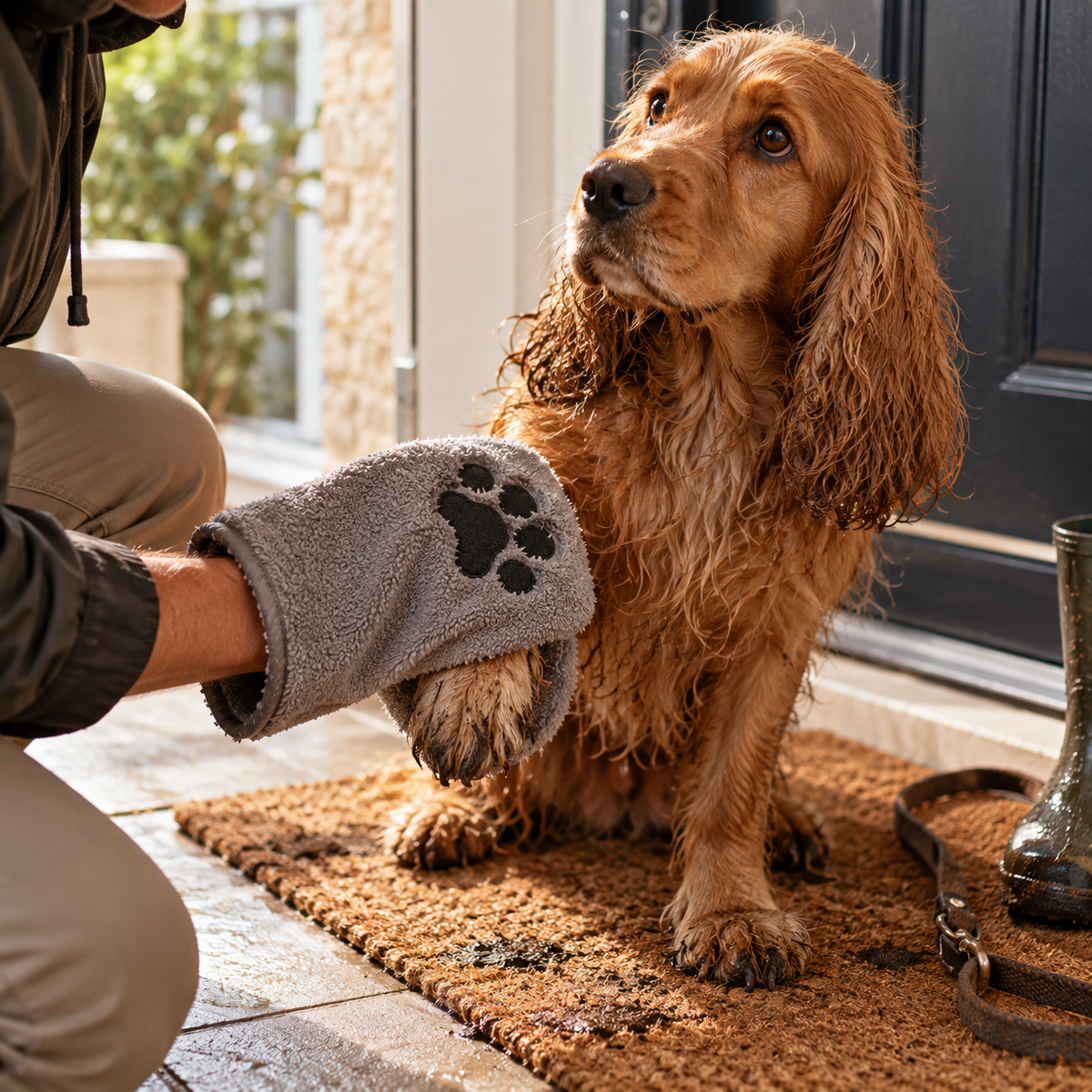 Patte boueuse d'un chien essuyée avec un gant séchant