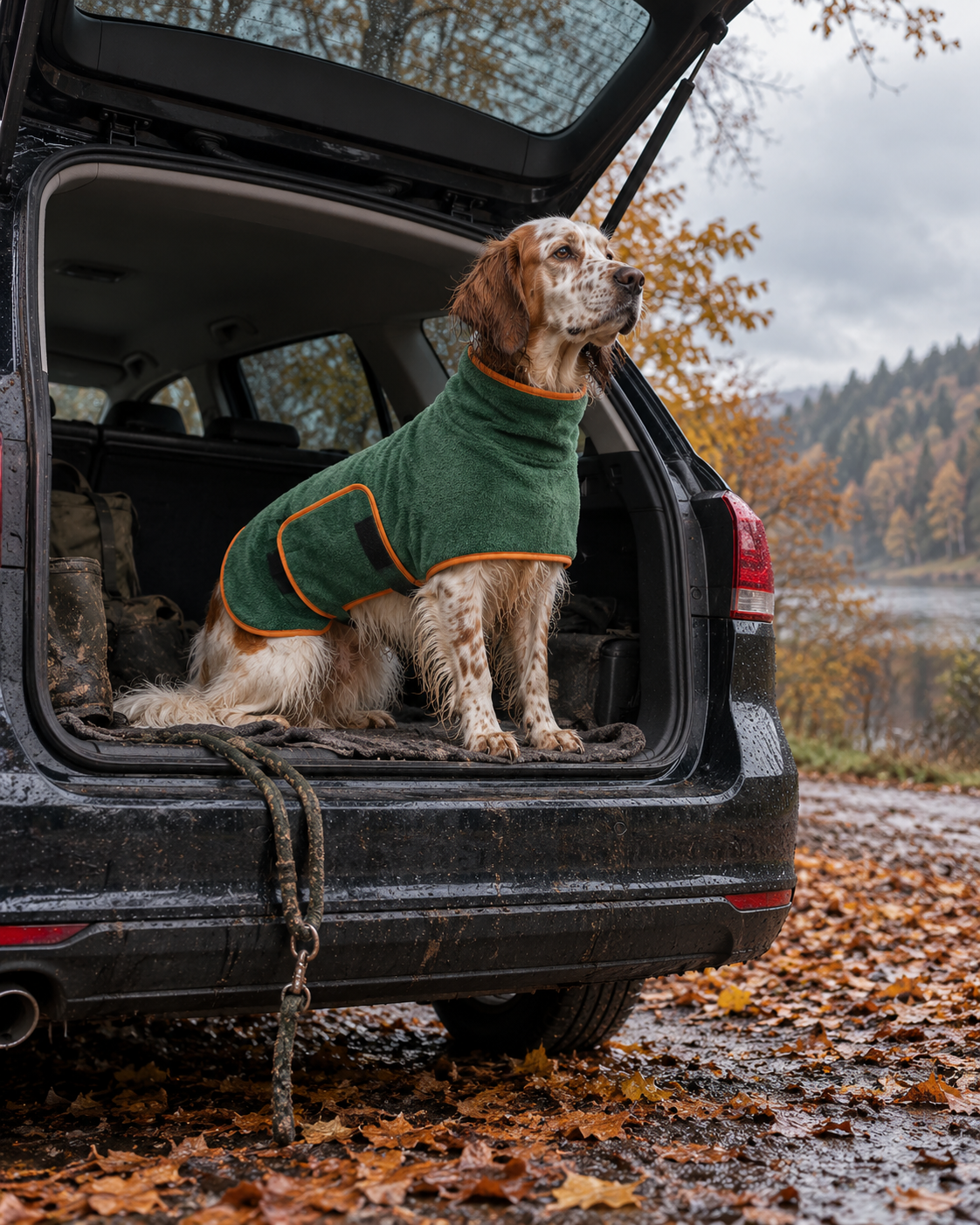 Chien en peignoir séchant dans le coffre de la voiture après la balade