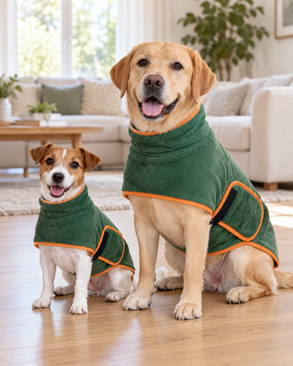 Petit et grand chien portant chacun un peignoir séchant à leur taille