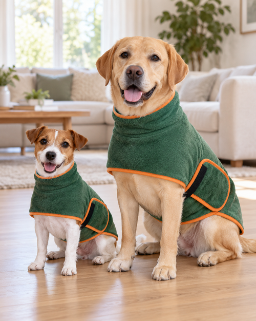 Petit et grand chien portant chacun un peignoir séchant à leur taille