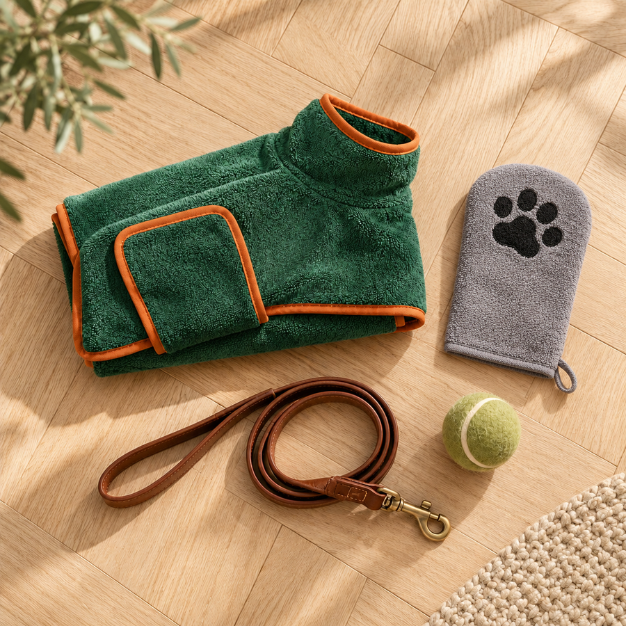 Kit Fin de Balade : peignoir séchant vert et gant patte gris