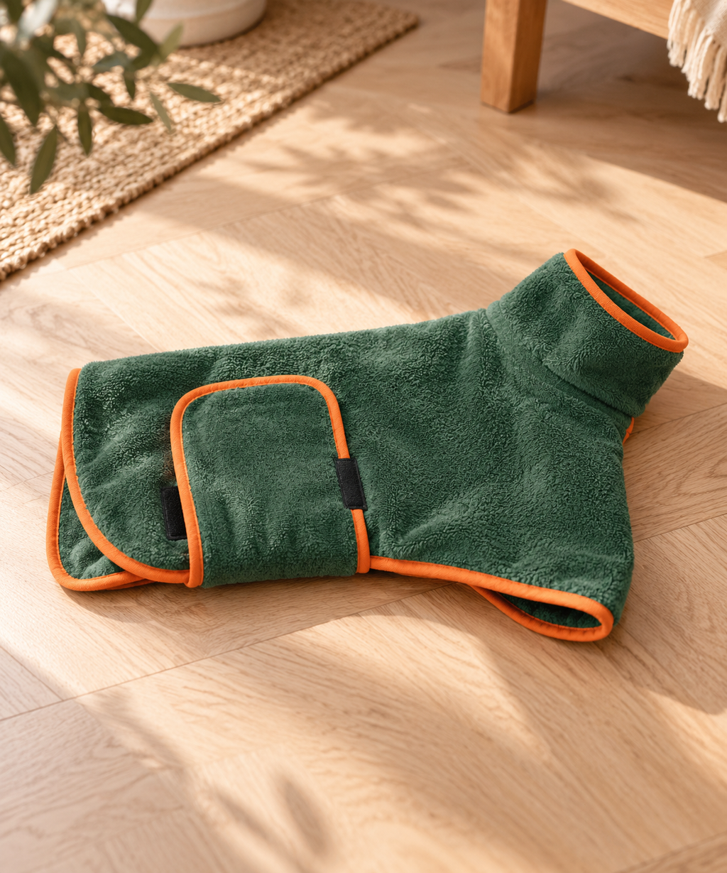 Peignoir séchant pour chien en microfibre verte avec liseré orange