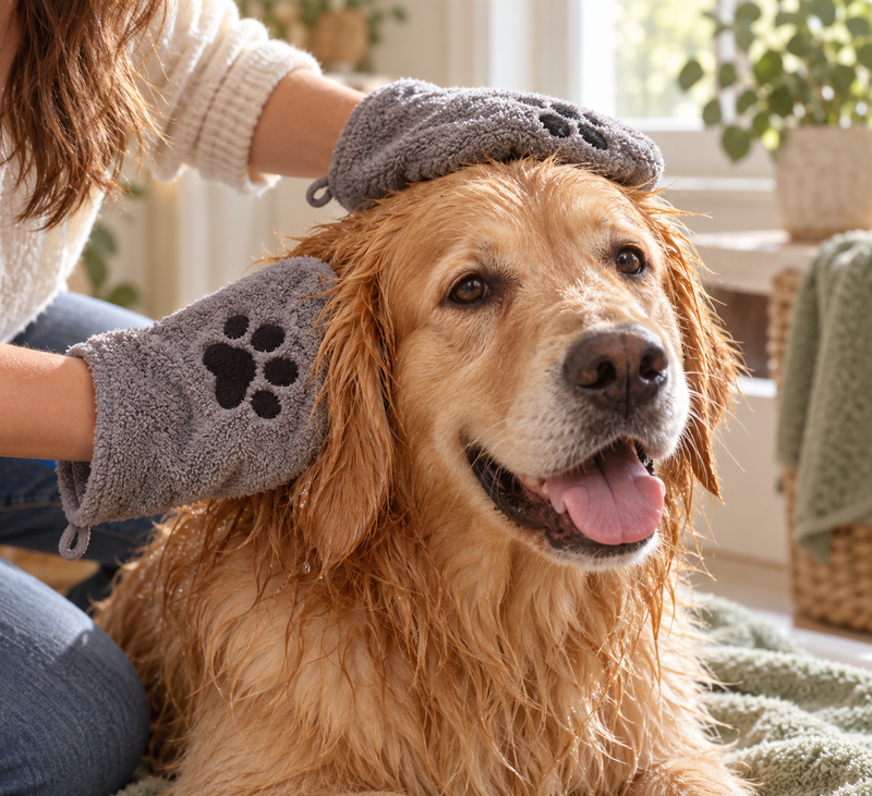 Golden retriever séché avec le gant patte au retour de balade